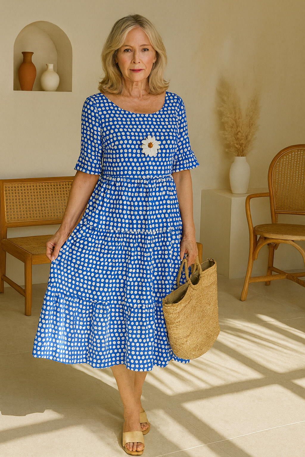 Women Midi Day Dress | Short Sleeve Casual Relaxed Fit Round Neck