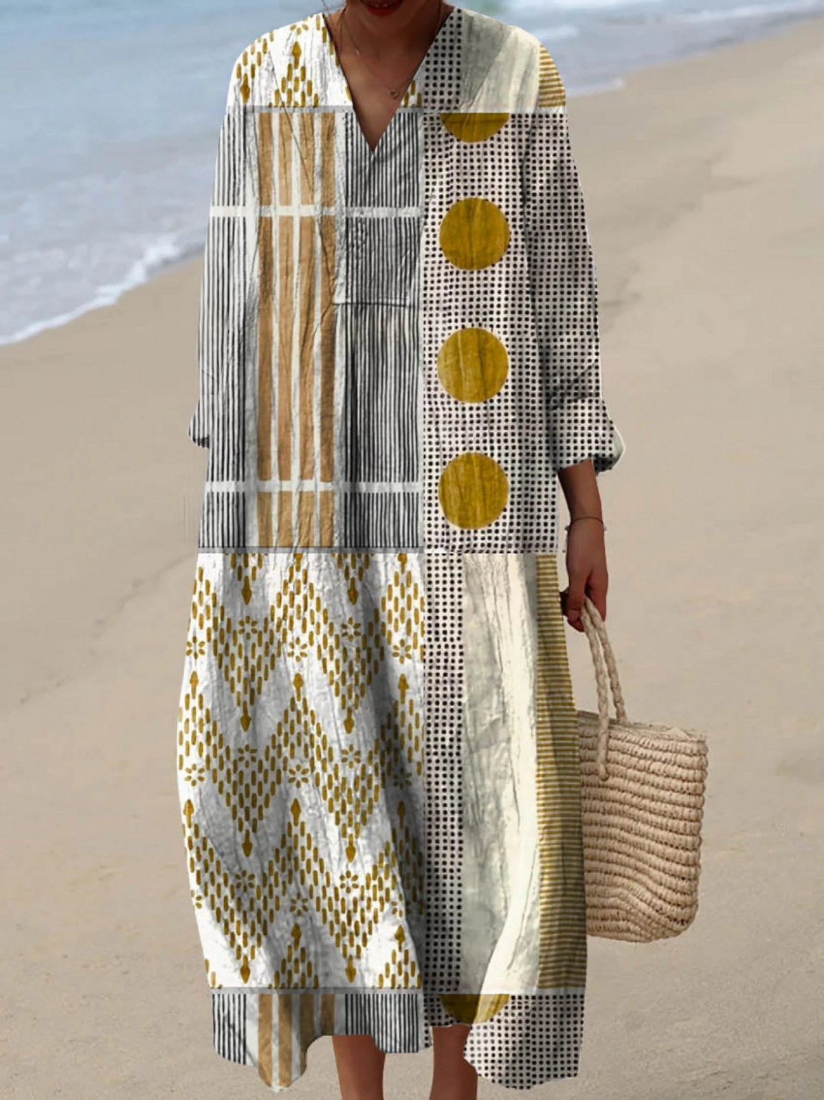 Summer Dress Women Abstract Geometric Print Long Sleeve Lightweight