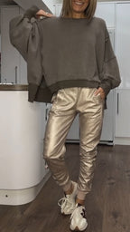 Women 2 Piece Satin Lounge Set Oversized Sweater