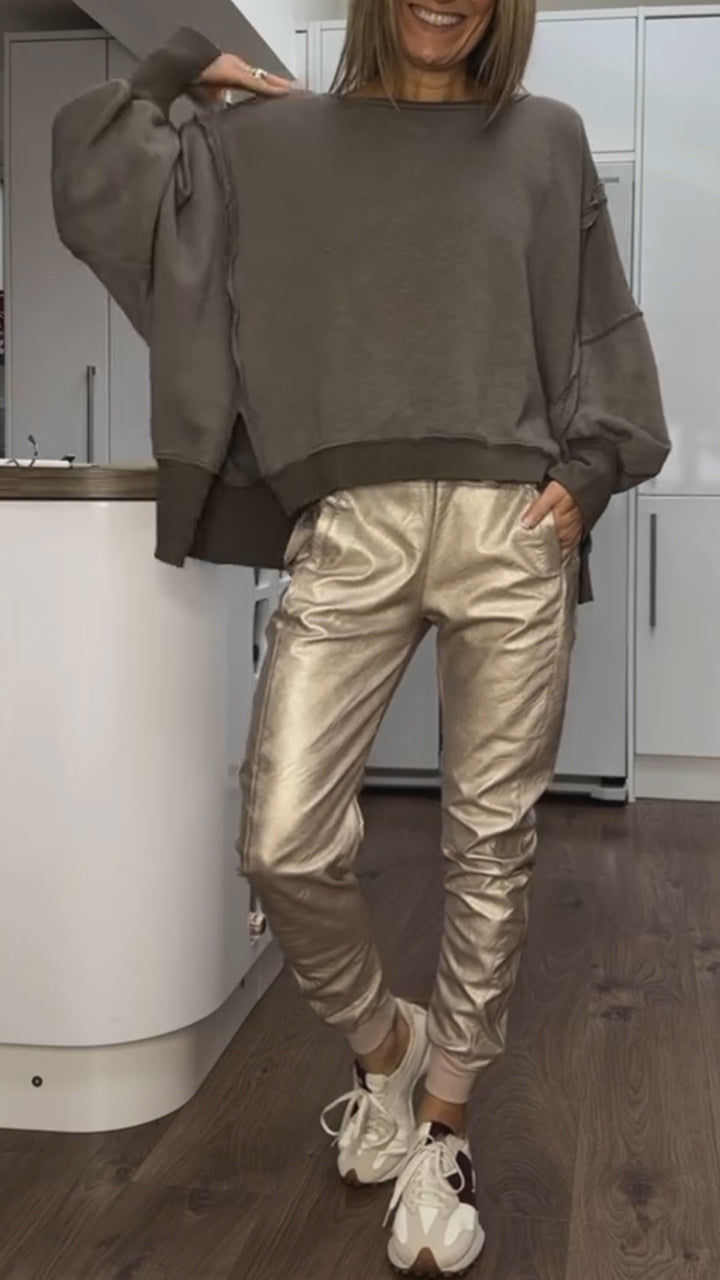 Women 2 Piece Satin Lounge Set Oversized Sweater
