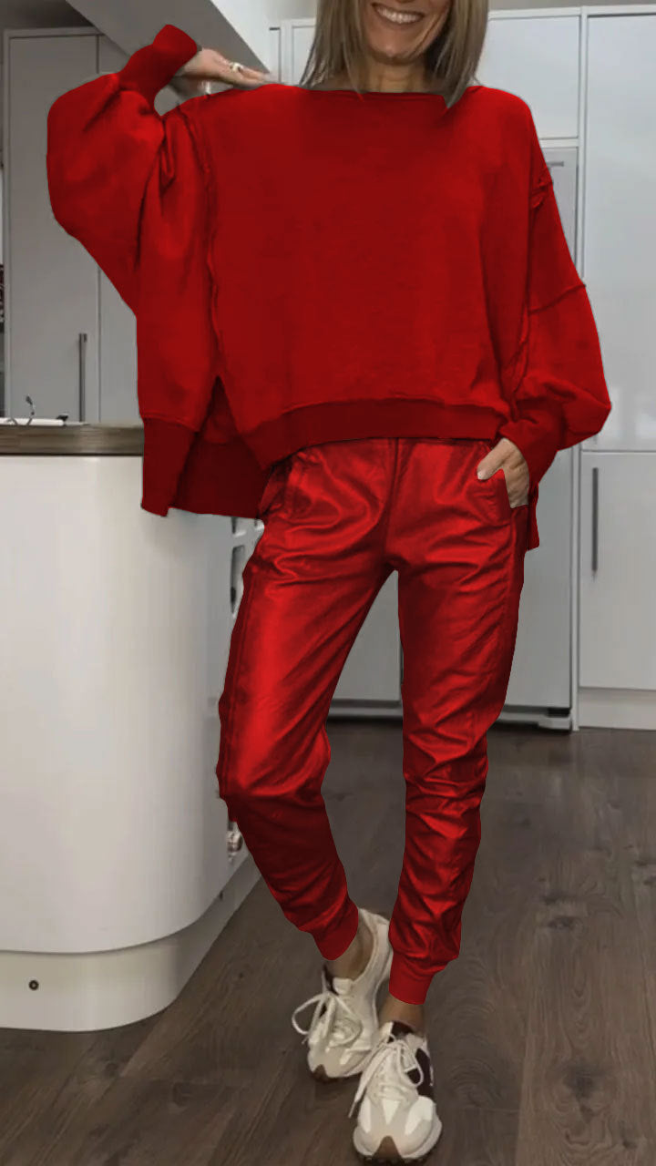 Women 2 Piece Satin Lounge Set Oversized Sweater