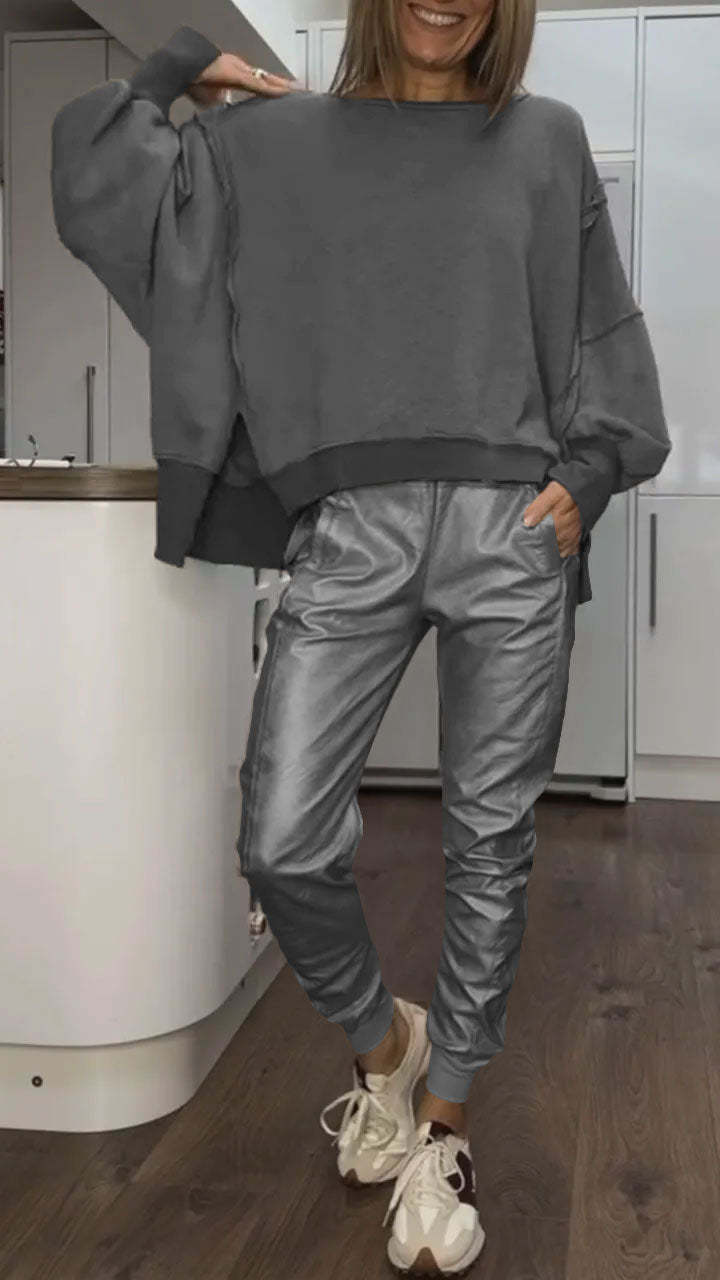 Women 2 Piece Satin Lounge Set Oversized Sweater