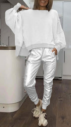 Women 2 Piece Satin Lounge Set Oversized Sweater