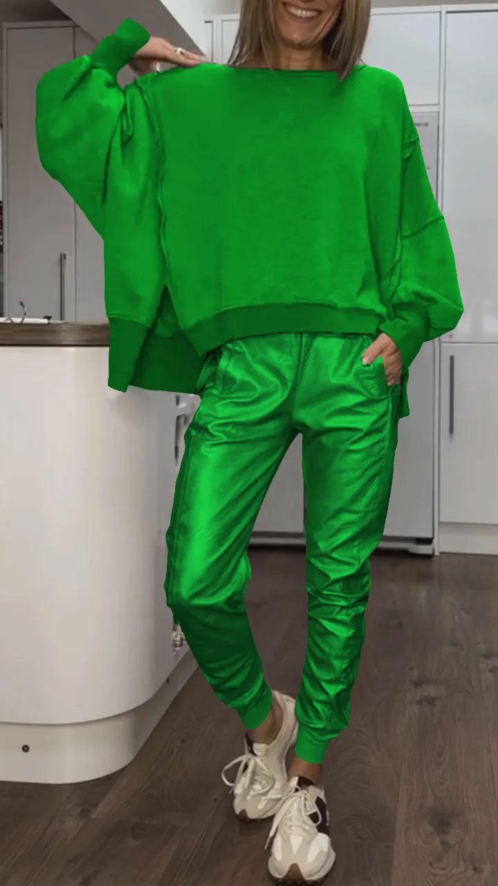 Women 2 Piece Satin Lounge Set Oversized Sweater