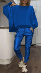 Women 2 Piece Satin Lounge Set Oversized Sweater