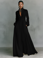 Maxi Dress Women Linen Patchwork Stand Up Collar Long Sleeve | Vera