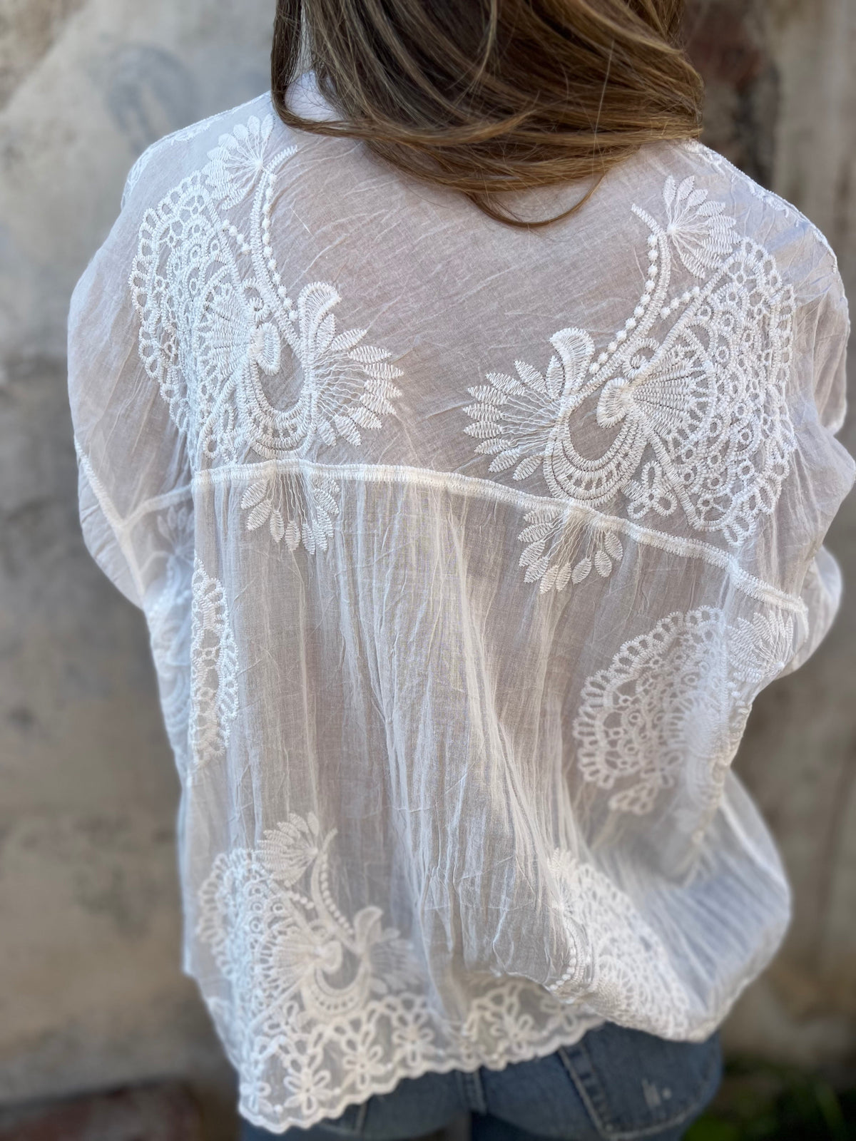 Women lace embroidered blouse in white, delicate floral embroidery feminine top