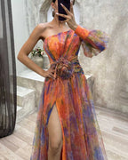 Evening Maxi Dress | One-Shoulder, Floral Appliqué & High Slit | Noor