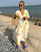 Women Linen Midi Dress Printed