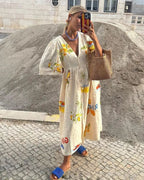 Women Linen Midi Dress Printed
