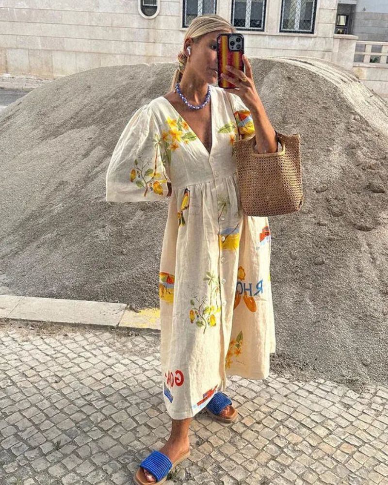 Women Linen Midi Dress Printed