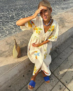 Women Linen Midi Dress Printed