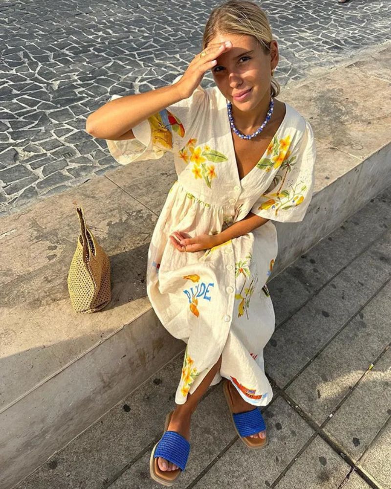 Women Linen Midi Dress Printed