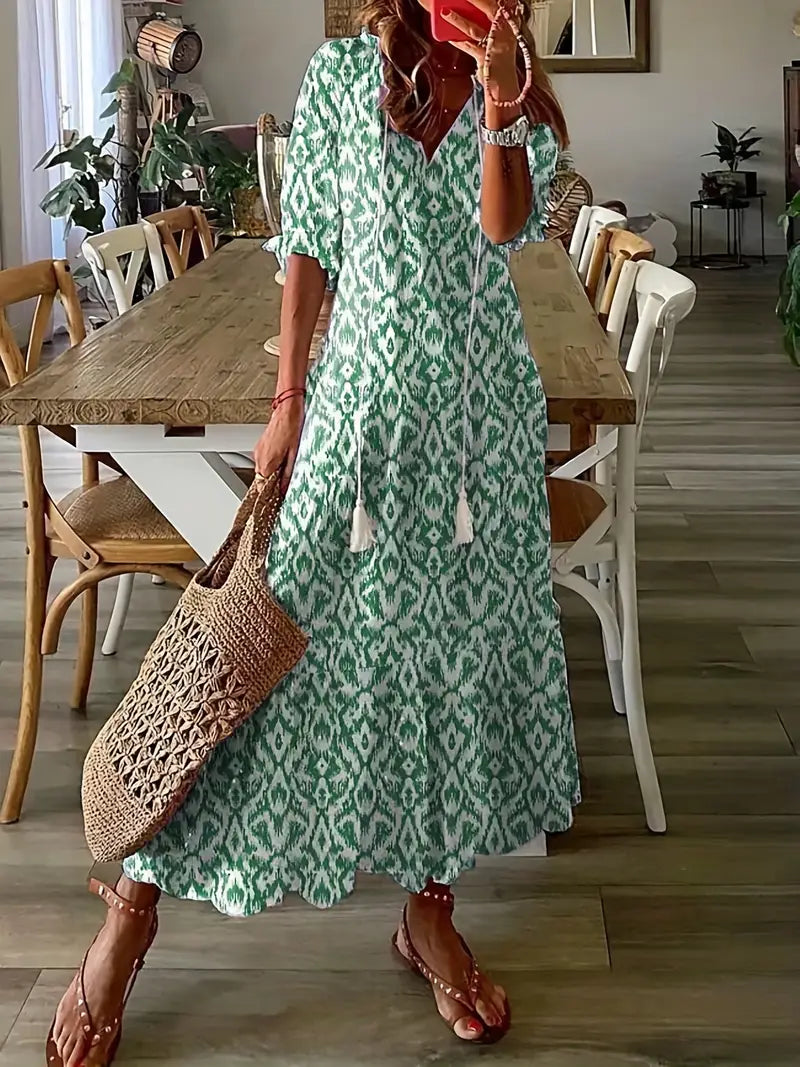 Boho Dress Women Ikat Print Ruffled V Neck Flowy Fit Lightweight