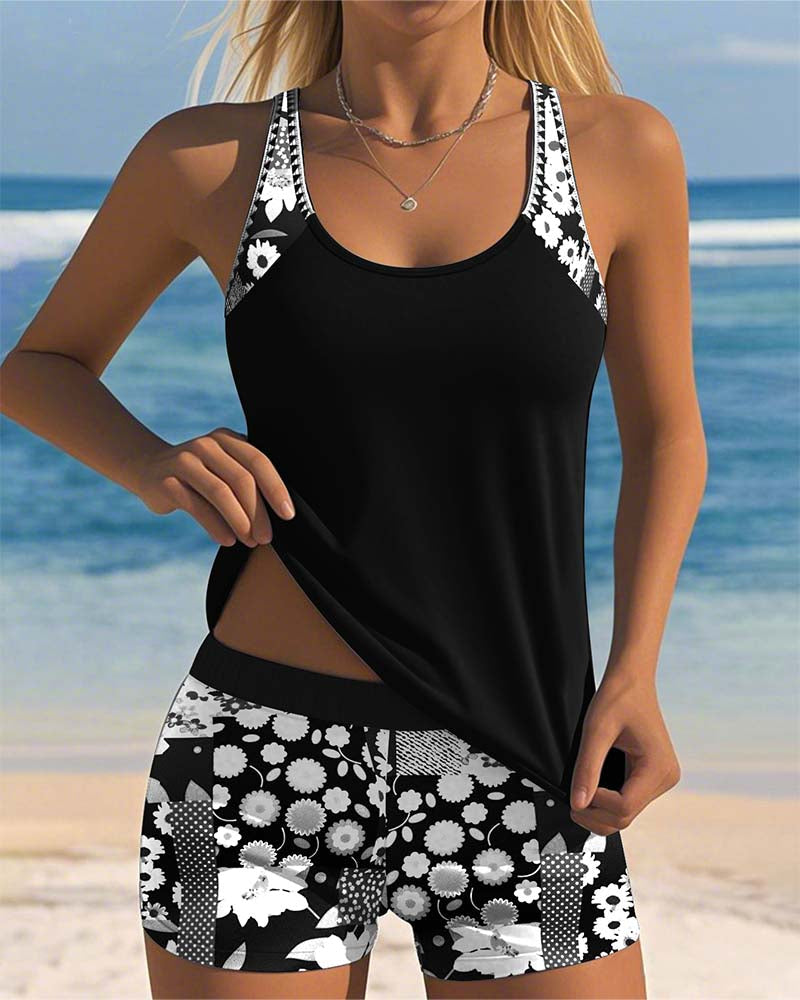 Women Tankini Set Sleeveless Top Printed Shorts | Linnea