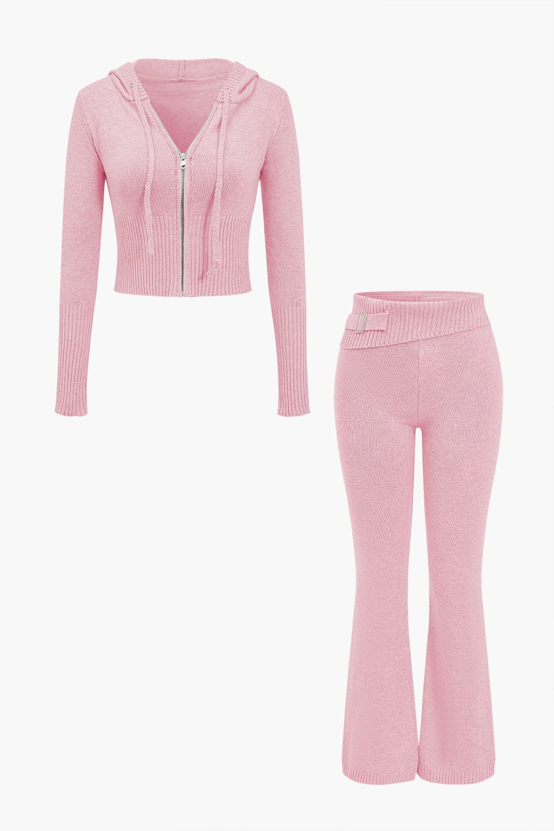 Women 2 Piece Knit Hoodie Flared Pants Set