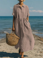 Women Linen Dress Button Front Flowy Midi | Yasmin
