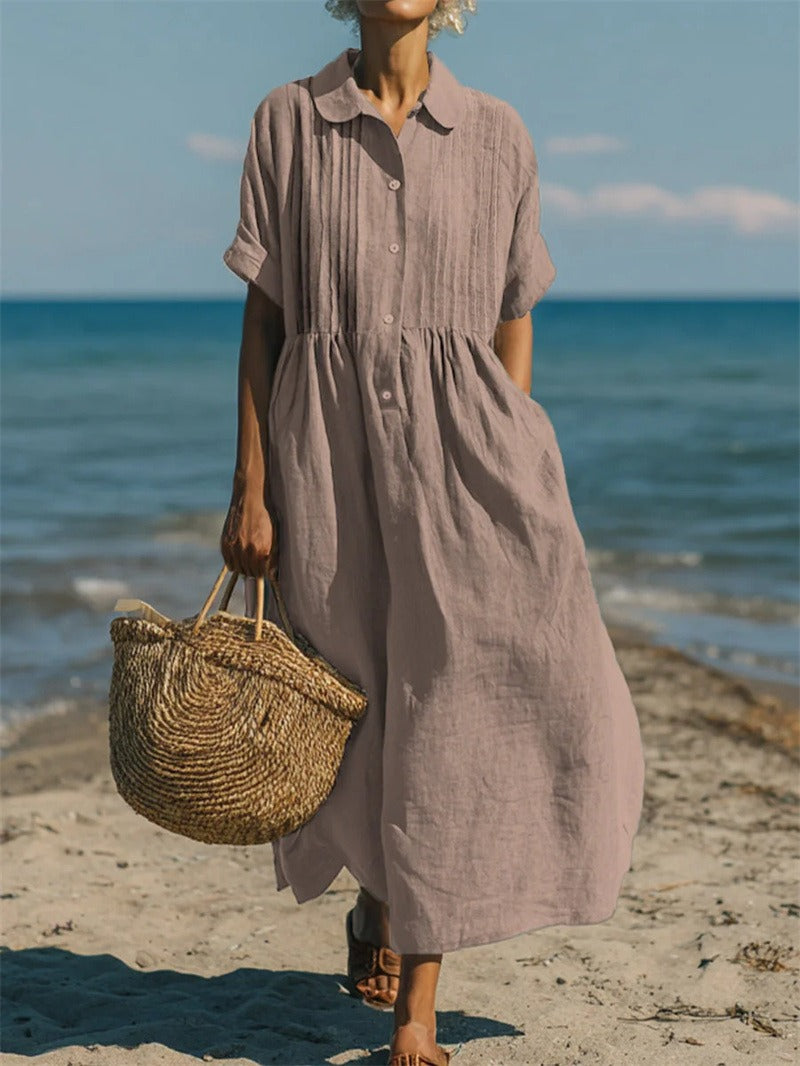 Women Linen Dress Button Front Flowy Midi | Yasmin