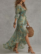 Wrap Dress Women Floral Print Maxi Bell Sleeve Ruffle Hem Flowy