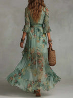 Wrap Dress Women Floral Print Maxi Bell Sleeve Ruffle Hem Flowy