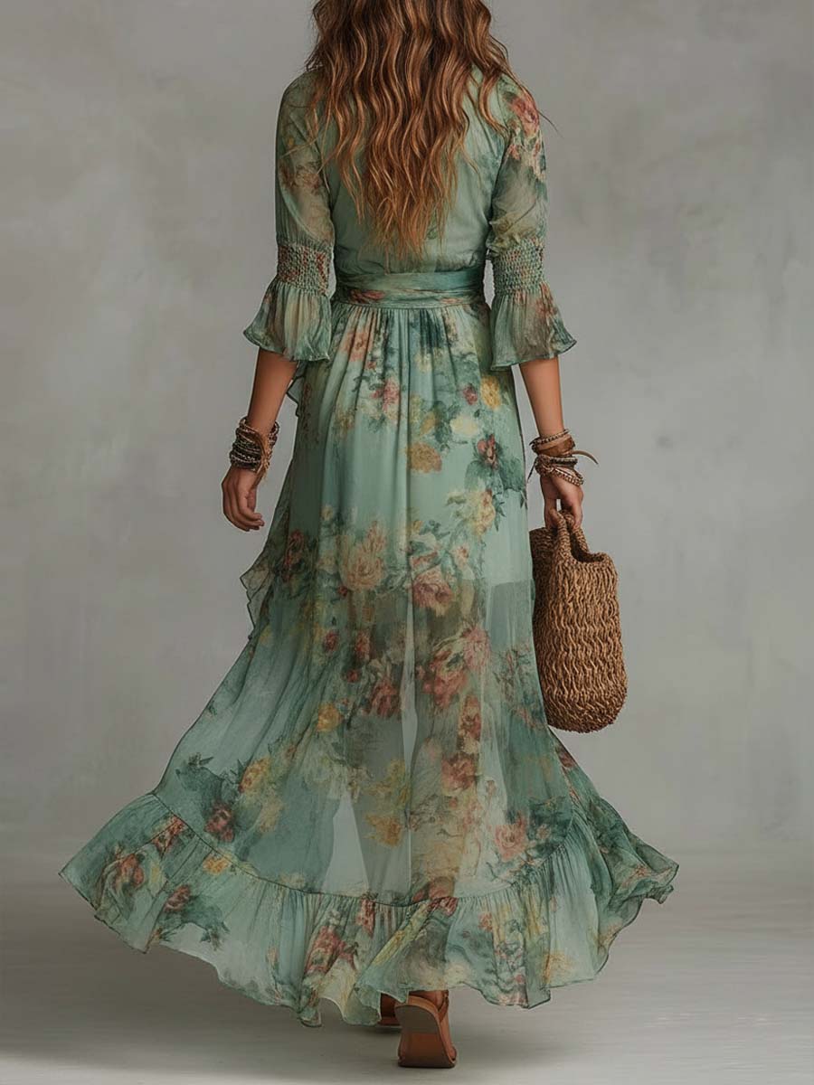 Wrap Dress Women Floral Print Maxi Bell Sleeve Ruffle Hem Flowy