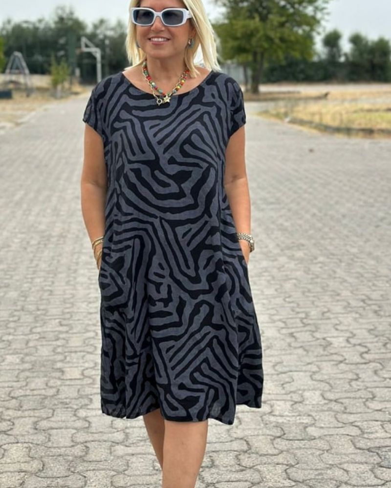 Summer Dress Women Lightweight Breathable Round Neck Midi Length