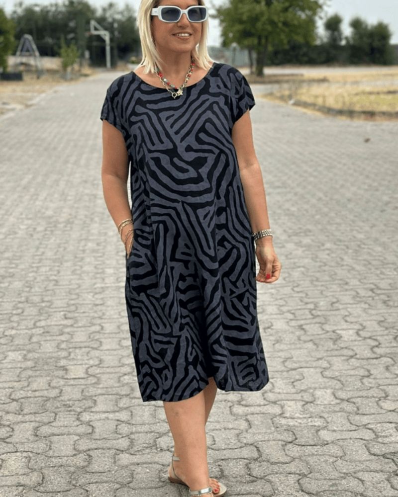 Summer Dress Women Lightweight Breathable Round Neck Midi Length