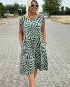 Summer Dress Women Lightweight Breathable Round Neck Midi Length