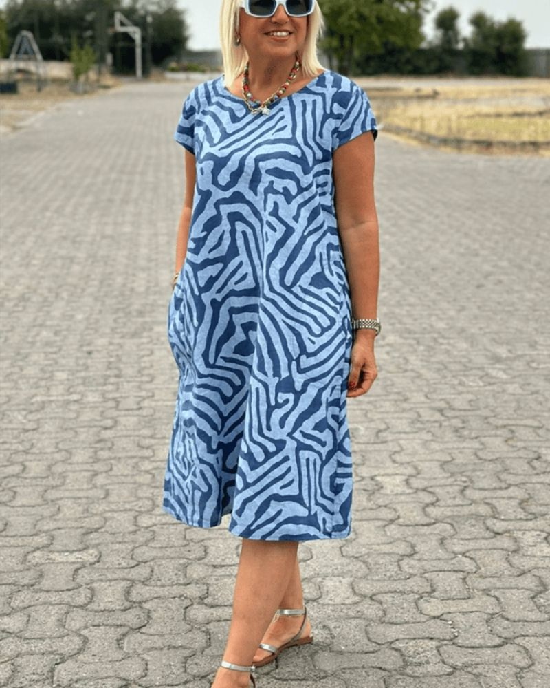 Summer Dress Women Lightweight Breathable Round Neck Midi Length