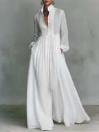 Maxi Dress Women Linen Patchwork Stand Up Collar Long Sleeve | Vera