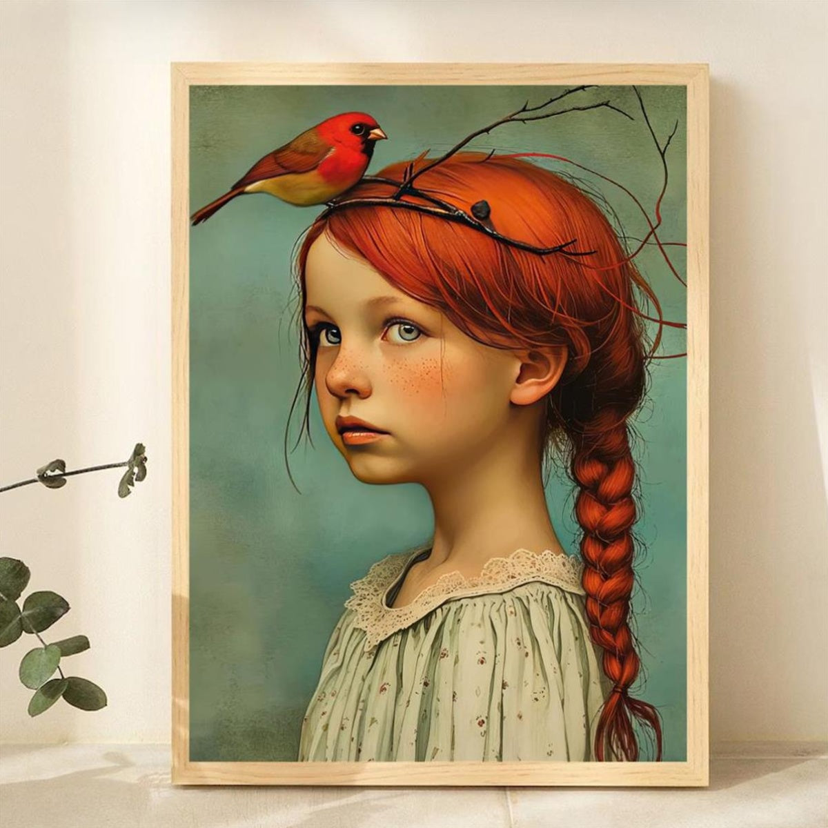 Cosima | Canvas Wall Art | Girl & Cardinal Portrait, Art Deco | Frameless