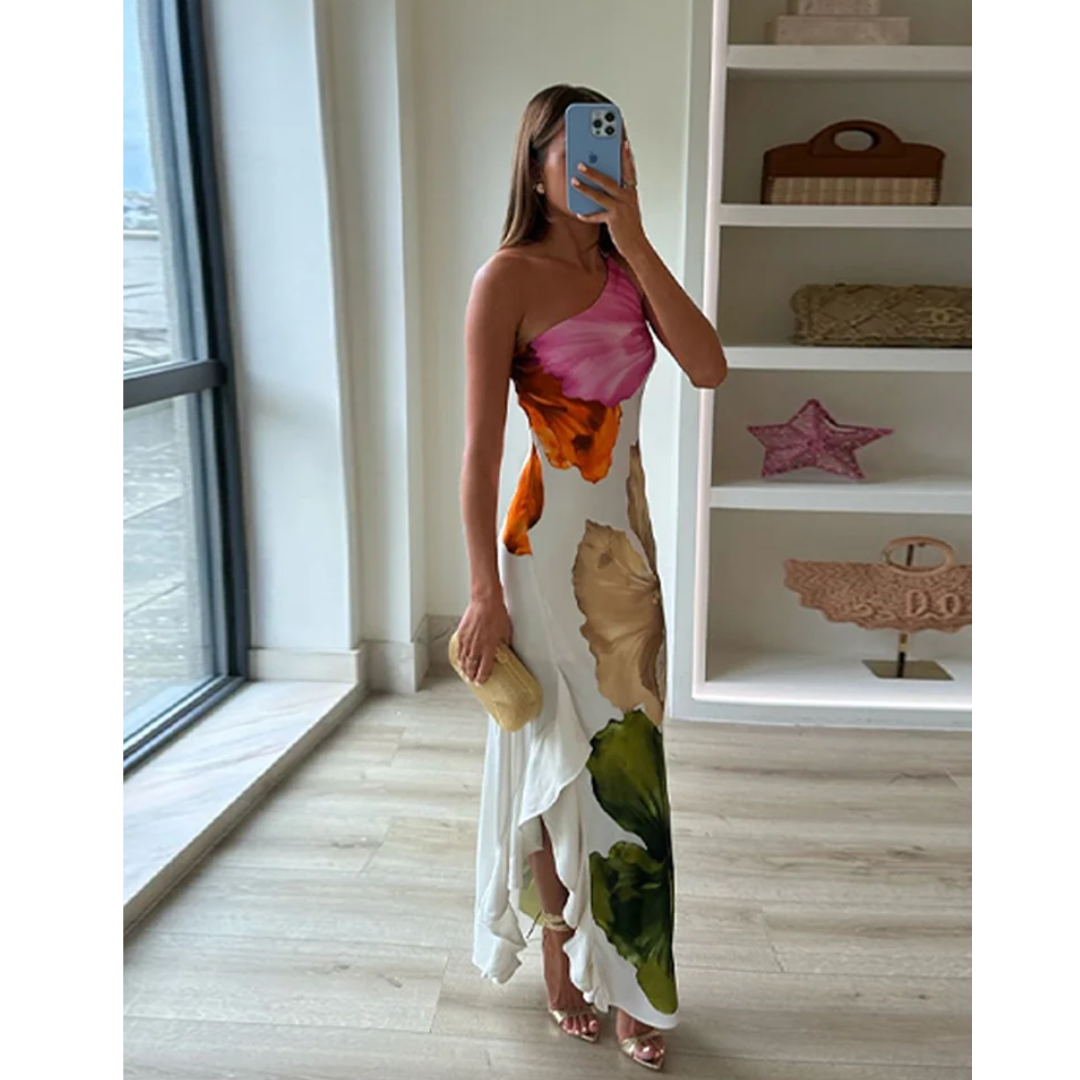 Women Asymmetric One Shoulder Maxi Dress Floral Print