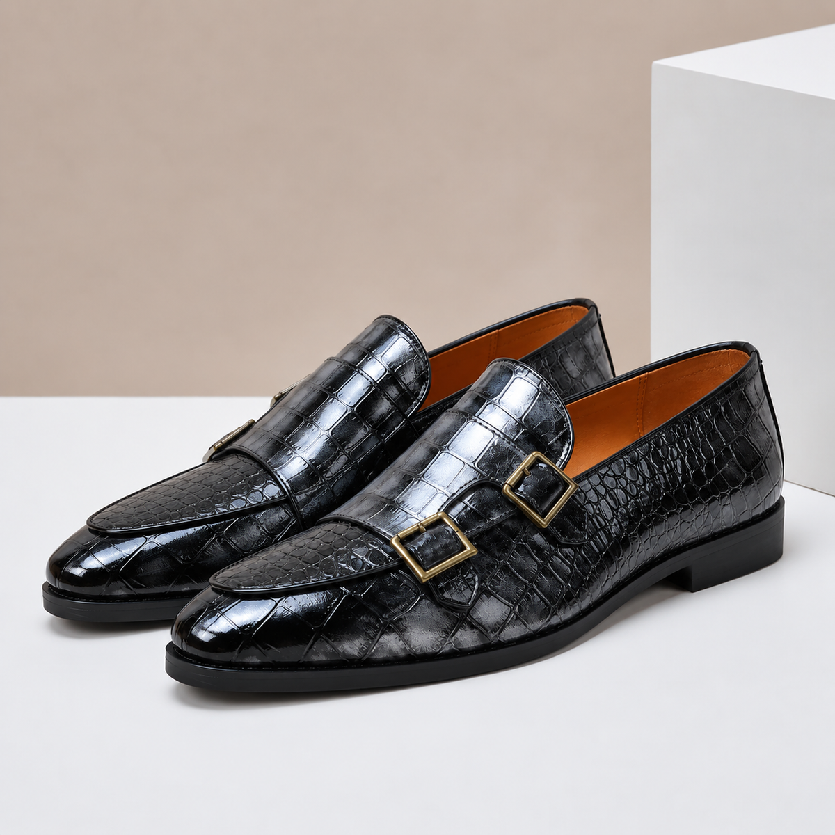 Clea | Men's Leather Loafers | Double Monk Strap, Almond Toe