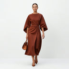 Midi Dress Women Belted Flared A Line Three Quarter Sleeve High Neck