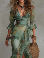 Wrap Dress Women Floral Print Maxi Bell Sleeve Ruffle Hem Flowy