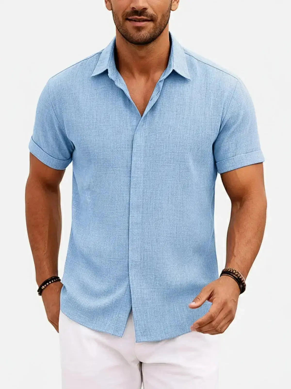 Linen Shirt Men Short Sleeve Button Down Regular Fit Cotton Blend