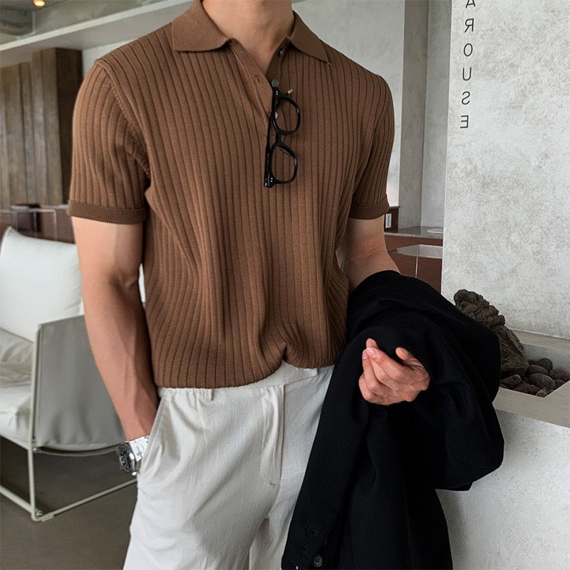 Liora | Men's Polo Shirt | Knitted Cotton, Ribbed Collar | Green, Black, Brown