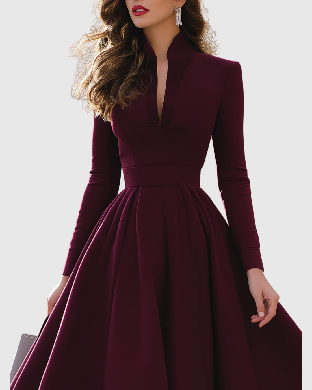 Midi Dress Women Fit Flare V Neck Pleated Skirt Structured Bodice Wine Red