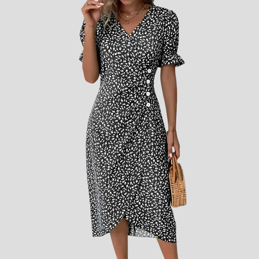Zinnia | Women's Floral Midi Dress | V-Neck, Puff Sleeves, A-Line | Summer