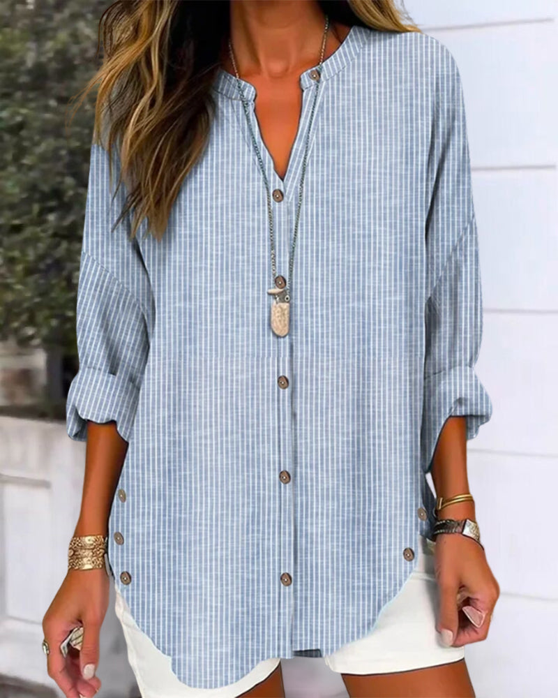 Women Loose Fit Long Sleeve Button-Up Blouse Striped V-Neck