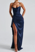 Cleo | Maxi Dress | Women's Ruched Satin Spaghetti Strap, High Slit | Navy Blue