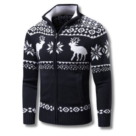 Christmas Jumper Men | Jacquard Full-Zip Knit Stand Collar Sweater