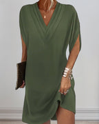Summer Dress Women Solid V Neck Split Sleeve Loose Fit Casual