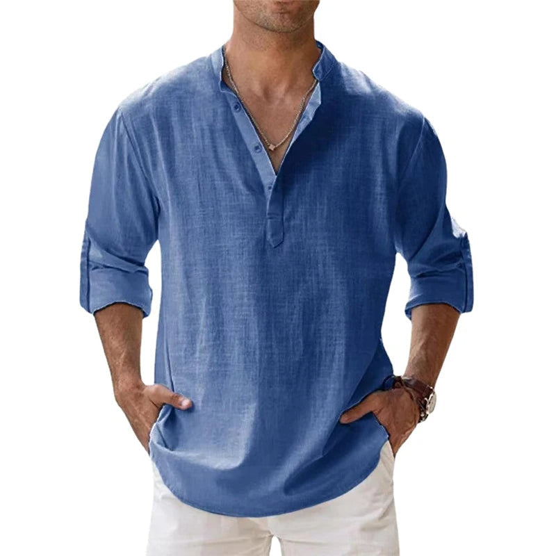 Men Linen Shirt Henley Lightweight Long Sleeve Button Neck Casual