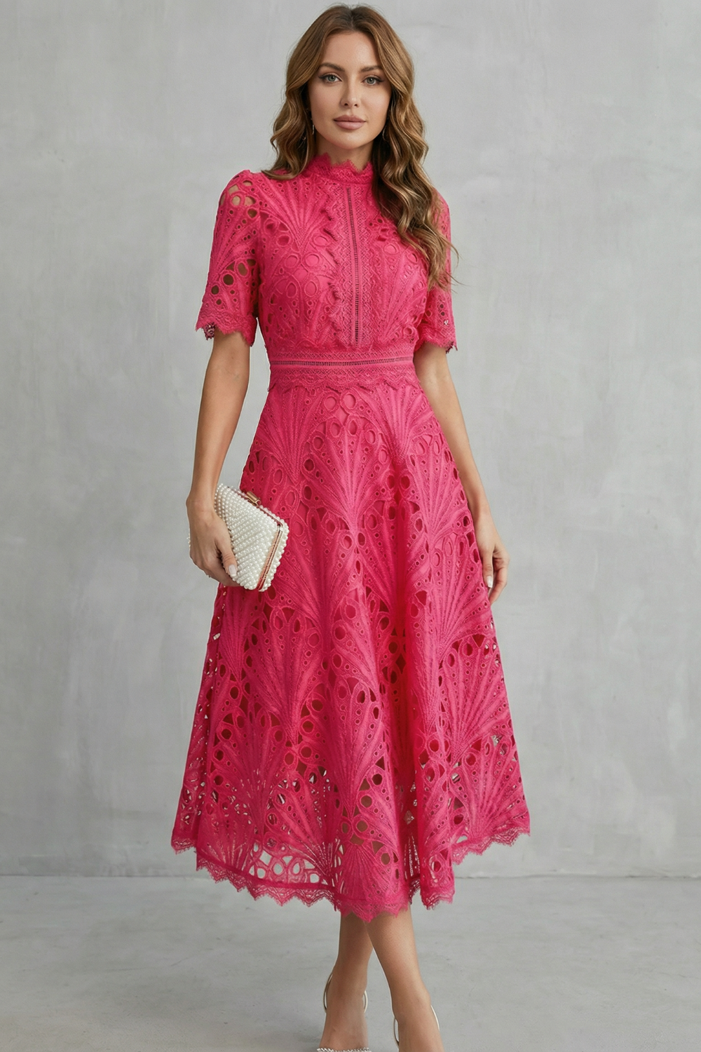 Midi Dress Women Lace Cutwork High Neck Short Sleeve Flared Skirt