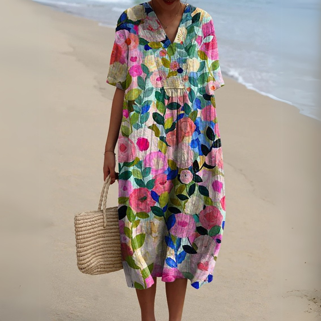 Summer Dress Women V Neck Cotton Linen Blend Floral Print Lightweight