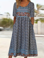 Yara | Women's Midi Dress | Boho Print, Square Neck, Short Sleeve