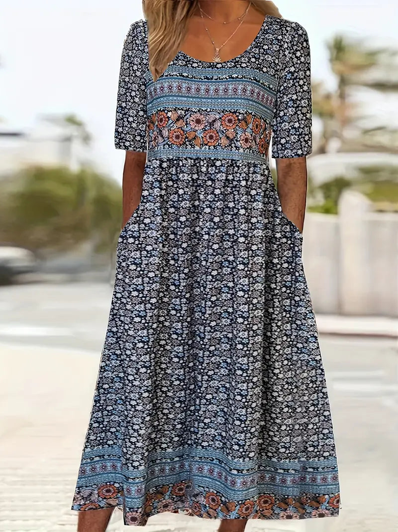 Yara | Women's Midi Dress | Boho Print, Square Neck, Short Sleeve