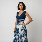Wrap Dress Women Midi Flared Skirt Sleeveless Watercolor Print