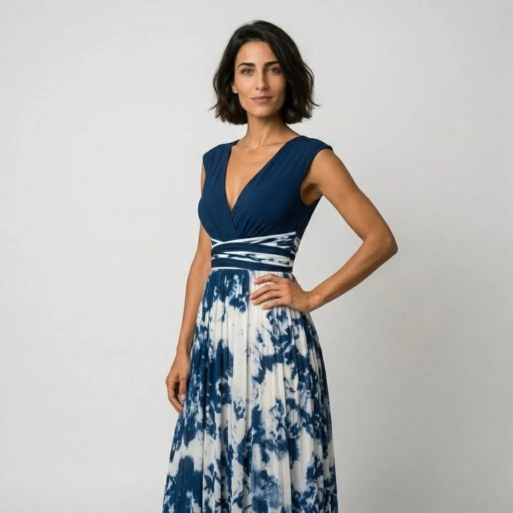 Wrap Dress Women Midi Flared Skirt Sleeveless Watercolor Print